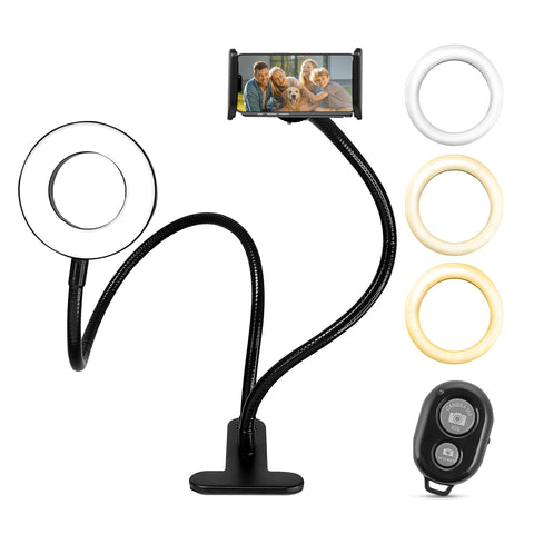 IDANCE LED Ring Light with Cell Phone Clip Stand Holder, 3.5", Grip Flexible Long Arm Gooseneck Bracket Mount Clamp with BT Wireless Remote Control for Desk, Bed, Compatible with iPhone and Smartphone