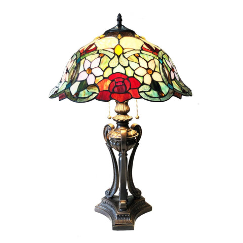 Benjara CH1T231RF17-TL2 Piper Tiffany-Style Floral Stained Glass Table Lamp 26" Height, Antique Bronze