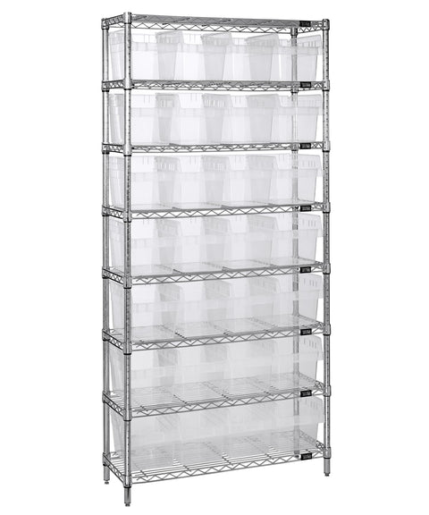 Quantum Storage Systems WR8-807CL Wire Heavy Duty 8 Shelves 28 STORE-MAX Clear Bins 74" H x 36" W x 12" D