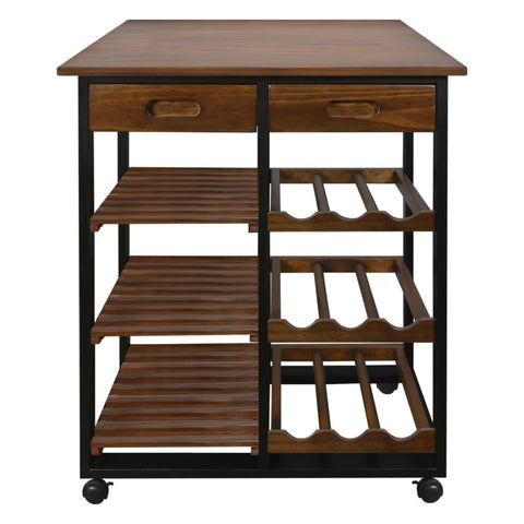 Oakestry Solid Wood 4-Tier Rolling Kitchen Island Trolley with Wine Rack Drawer Mocha Black Portable Serving Cart Storage Organizer Mobile Counter Space Bar Utility Modern Home Furniture