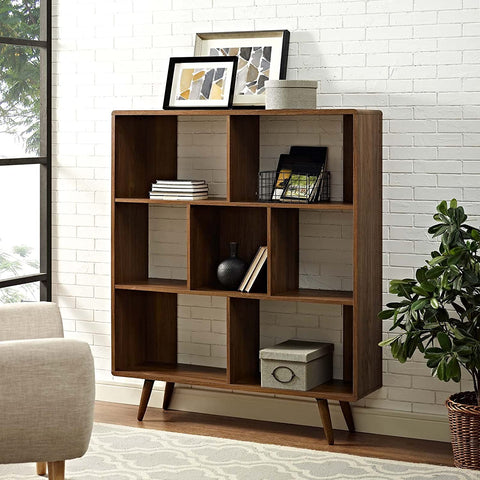 Oakestry Transmit Mid-Century Offset Cube Wood Bookcase in Walnut Display Space for Books, Photo Frames for Living Room, Study, Home Office, 11.5" D X 45" W X 52.5" H