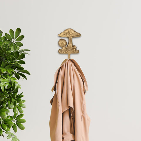 Cheungs Mythra Golden Mushroom Medley Cast Iron Wall Hook - Handcrafted 6.5-inch - Elegant Gold Finish - 3 Prong Hook for Living Room