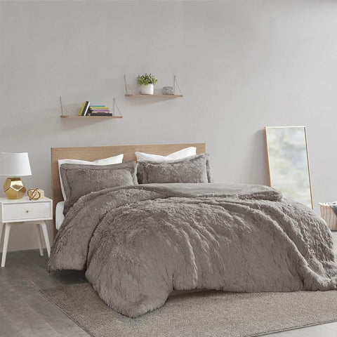 Oakestry 3pc Malea Shaggy Duvet with Quilted Box Design Luxury Fuzzy Comforter (Insert Not Included), King, Grey, 104x90