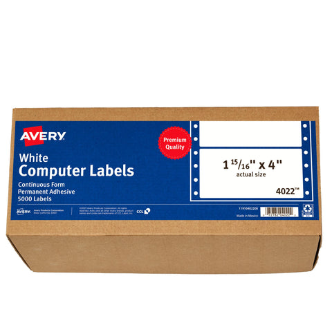 Avery 4022 Dot Matrix Mailing Labels, 1 Across, 1 15/16 x 4, White (Box of 5000)