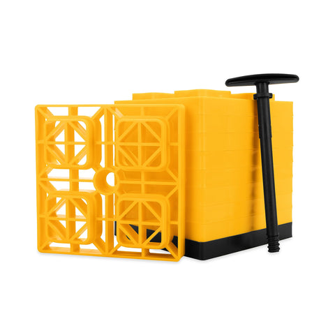 Camco FasTen Camper / RV Leveling Blocks - Features Interlocking Design for Customizable Height - Carrying Handle Twists to Secure Blocks for RV Storage - 8.5” x 8.5” x 1”, Yellow, 10-Pack (44512)