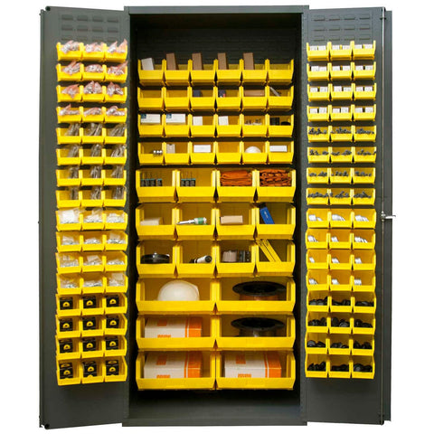 Durham 3500-138B-95 Lockable Bin Cabinet with 138 Yellow Hook-On Bins, Flush Door Style, 36" Wide, 14 Gauge, Gray
