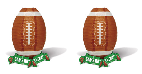 Beistle Football Lantern Centerpieces – 2 Paper Sports Party Table Decorations with Brown and White Lace Detail, Green Cardstock Base for Tailgate Watch Parties and Athletic Celebrations, 11”