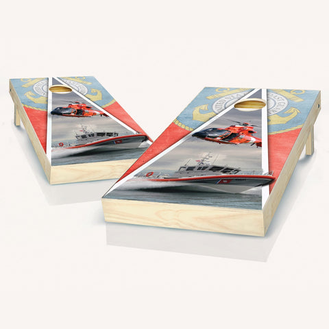 Skip's Garage US Coast Guard Cornhole Set - 2x4 Boards (All Weather Bags) - Include Hole Lights + Score Tower