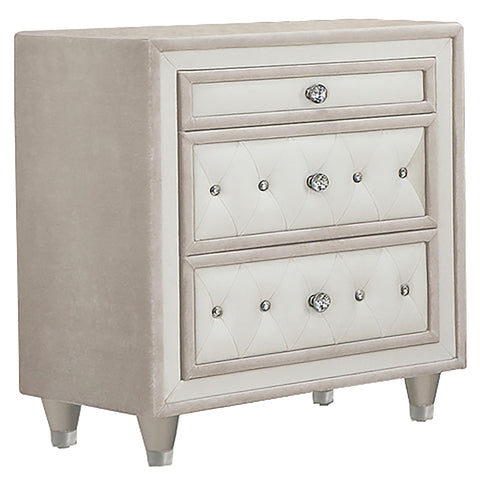 Coaster Home Furnishings - Antonella - Wood - 3-Drawer Upholstered Nightstand with Velvet Upholstery, Button Tufting, Crystal-Like Buttons and Tapered Legs - Bedroom - Ivory and Camel - 223522