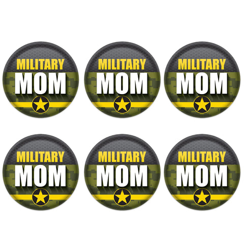 Beistle 6 Piece USA Proud Military Mom Pinback Button Badge Pins for 4th of July Patriotic Decorations Independence Day Party Supplies and Favors, 2", Black/Green/Yellow/White/Black