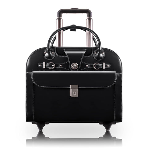 McKlein EDGEBROOK, Top Grain Cowhide Leather, 15" Leather Vertical Wheeled Ladies' Laptop/Computer & Tablet Business Briefcase Bag/Women's Rolling Overnight Travel Bag, Removable trolley case