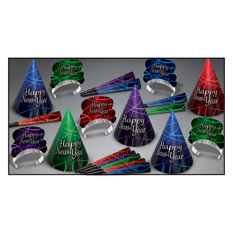 Beistle Ring In The New Year Party Assortment For 10 People - NYE Photo Booth Props - Hats, Tiaras, Noisemaker Horns