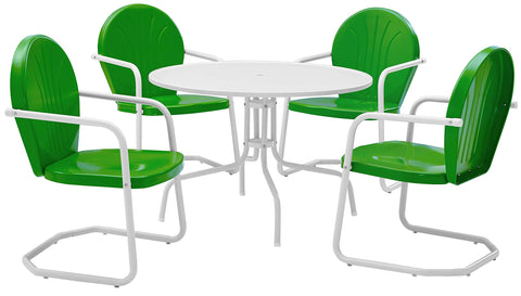 Griffith 5Pc Round Retro Outdoor Dining Set Kelly Green Gloss/White Satin - Table & 4 Chairs