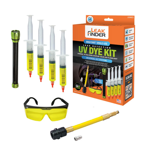 LEAKFINDER LF040CS SOLO-SHOT Single-use Air Conditioner Refrigerant Leak Detection Syringe Kit - (4) Pre-filled UV Fluorescent Dye Syringes, Enhancing Glasses, R134a Hose Coupler, Made in USA