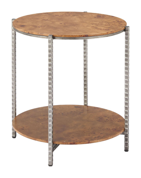 Adna Side Table Brown, Brown End Table, Modern Style, Burl Veneer MDF Round Shape Tabletop, Steel, Indoor Living, 19.3" W x 19.3" D x 22" H