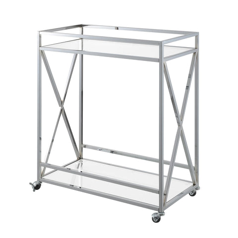 Convenience Concepts Oxford Chrome Glass Bar Cart 29.25" - Contemporary Modern 360-Degree Swivel Serving Cart with Shelves for Kitchen, Dining Room, Living Room, Chrome/Glass