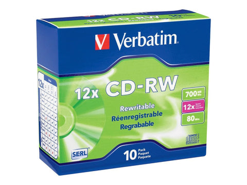 Verbatim CD-RW 700MB 4X-12X Rewritable Blank Media - 10 Discs in Slim Jewel Cases,Silver