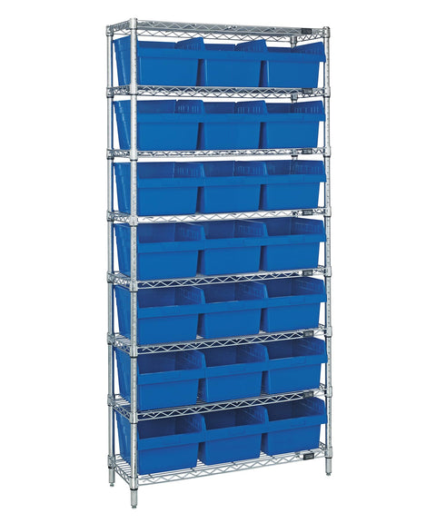 Quantum Storage Systems WR8-809BL Wire Heavy Duty 8 Shelves 21 STORE-MAX Blue Bins 74" H x 36" W x 12" D