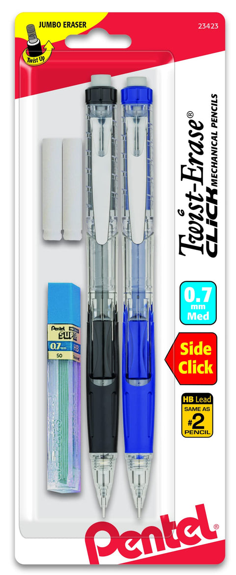 Pentel Twist Erase Click Automatic Pencil with 2 Eraser Refills and Lead, 0.7mm, Assorted Barrels, Color May Vary, 2 Pack (PD277TLEBP2)
