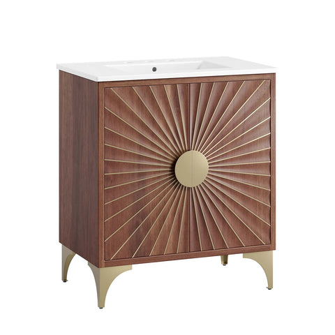Modway Daylight Bathroom Vanity Cabinet with Ceramic Sink Basin, 30 Inch, White Walnut
