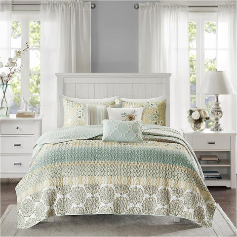 Oakestry 6-Piece Floral Print Quilt Set 100% Cotton for All Season Double-Sided Stitched Shams and Pillow Combo, King/Cal King(104"X94"), Green/Yellow