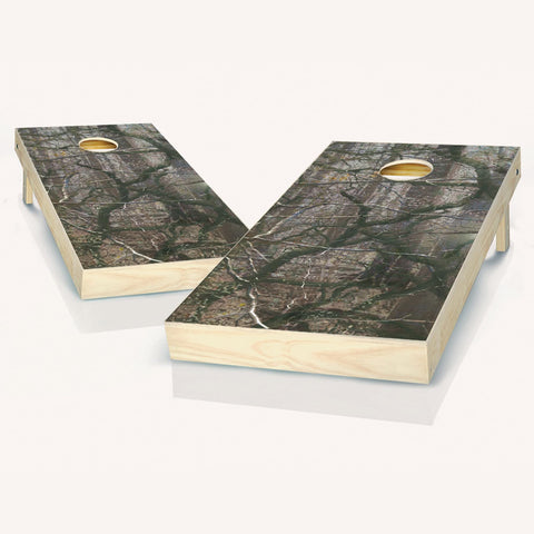 Skip's Garage Wooded Camo Cornhole Set - 2x4 Boards (All Weather Bags) - Include Hole + Edge Lights + Score