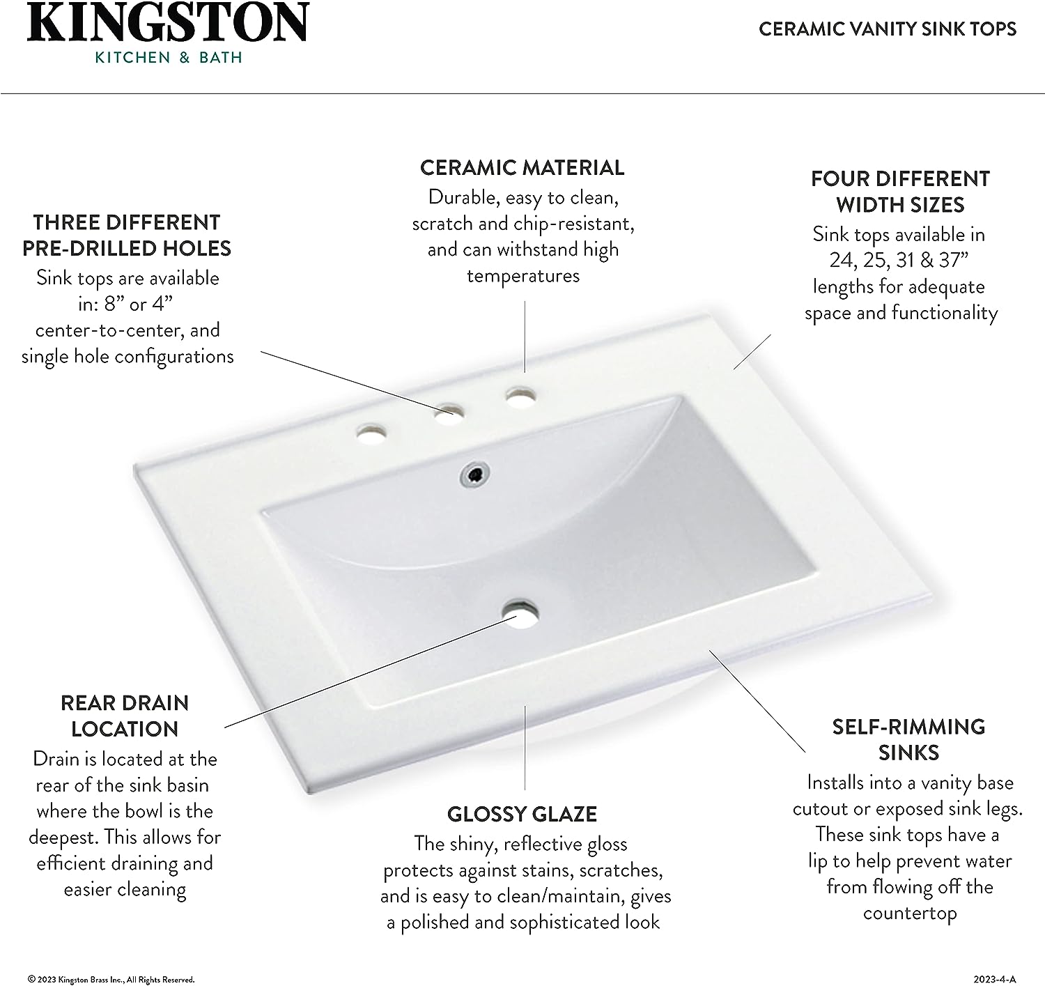 Kingston Brass LBT25227W38 Continental Vanity Sink Top, White