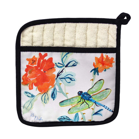 Betsy Drake PT1046 Dragonfly & Red Flower Pot Holder