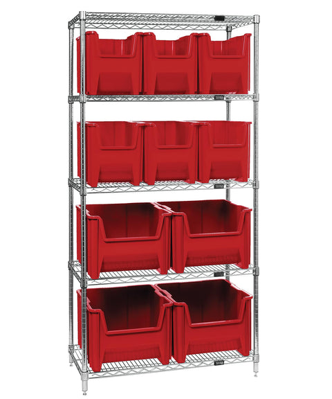 Quantum Storage Systems WR5-600800RD 5-Tier Complete Wire Shelving System with 6 QGH600RD and 4 QGH800RD Red Giant Stack Bins, Chrome Finish, 74" Height x 36" Width x 18" Depth
