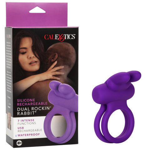 CalExotics Silicone Rechargeable Dual Rockin’ Rabbit Enhancer, Vibrating Cock Ring for Couple Adult Sex Toy Purple SE-1843-20-3