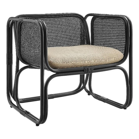 Ellis Natural Rattan Accent Armchair in Black – Curved Low Lounge Chair with Cushioned Seat for Living Room, Sunroom, or Covered Patio