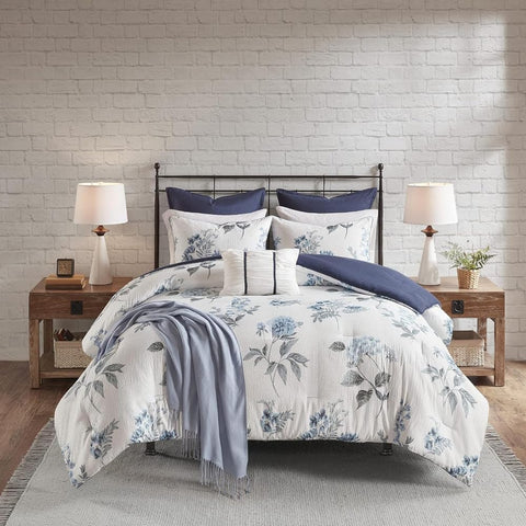 Oakestry 7pc Zennia Farmhouse Comforter Set Floral Print on Seersucker Textures for All Season Throw-Blanket Matching Shams, Toss Pillows, Full/Queen, Blue