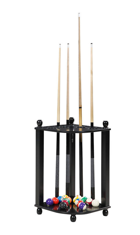 Hathaway Regent 28-in Corner Floor Pool Cue Rack – Solid Wood Billiard Cue Rack with Built-in Drink Holders & Triangle Hook – 10 Pool Stick Holder & Full Ball Set – Black Veneer Finish