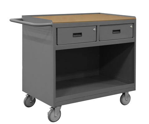 Mobile Bench Cabinet With 5 Inch X 1-1/4 Inch Polyurethane Casters (2) Rigid And (2) Swivel 1 Shelf And 2 Drawers Tempered Hard Board Top Work Surface With Top Lip Down And Tubular Push Handle Gray