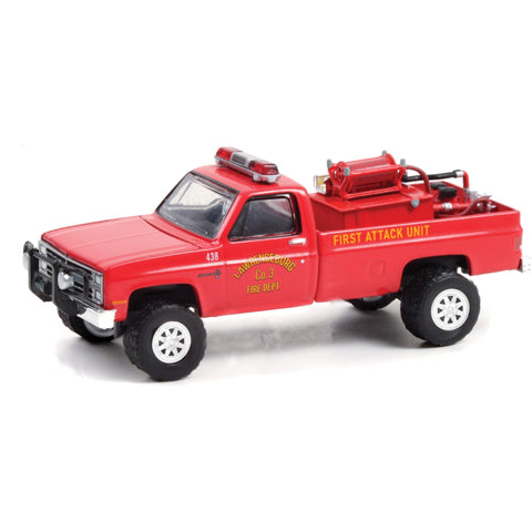 1986 Chevy C20 Custom Deluxe Pickup Truck Red First Attack Unit with Fire Accessories Lawrenceburg Fire Dept (in) 1/64 Diecast by Greenlight 67010 A