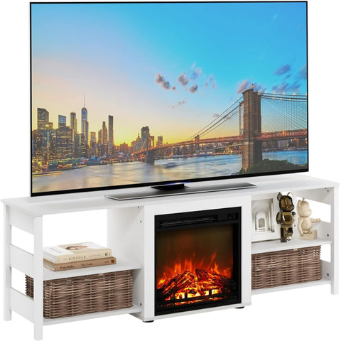 Oakestry 70-Inch TV Stand with Electric Fireplace, White Emboss Finish, Entertainment Center with Storage Shelves and Cable Management