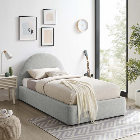 Modway Resort Twin Size Platform Bed with Arch Shaped Round Headboard in Heathered Weave Light Gray, Woven Heathered Fabric Upholstery, Soft Cloud Bed Frame, No Box Spring Needed, Strong Wood Slats