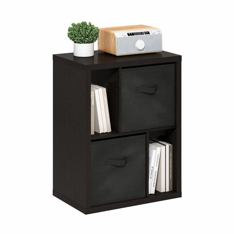 Furinno Viola Storage Shelf, 4-Tier Storage Rack with Bins, Book Shelf, Bookshelf, Display Rack with Drawer Bins, Extra Thick Frame, for Organization, Living Room, Home Office, Black Dark Oak