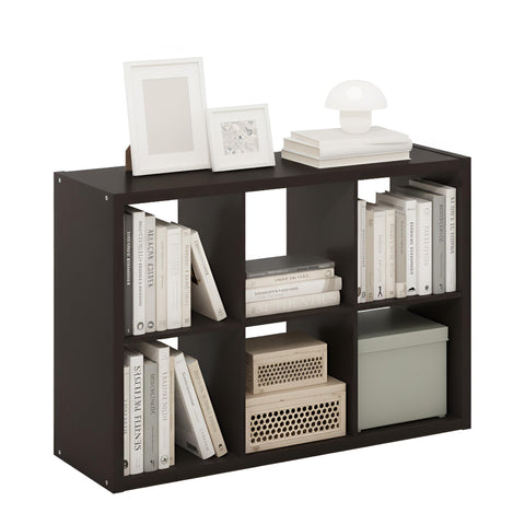 Furinno Cubicle Book Shelf, 6-Cube Bookshelf, Extra Thick Frame Horizontally & Vertically Reversible Bookcase with Open Back, 14.6" x 44" x 30", for Living Room, Bedroom, Home Office, Black Dark Oak