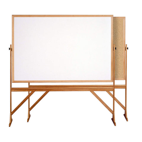 Ghent 4' x 6' Wood Frame Mobile Reversible Free Standing Melamine Markerboard / Natural Corkboard