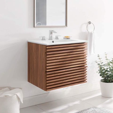 Modway Render 24" Wall-Mount Bathroom Vanity in Walnut White