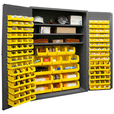 Durham 3502-138-3S-95 Lockable Cabinet with 138 Yellow Hook-On Bins, 3 Adjustable Shelves, Flush Door Style, 48" Wide, 14 Gauge, Gray