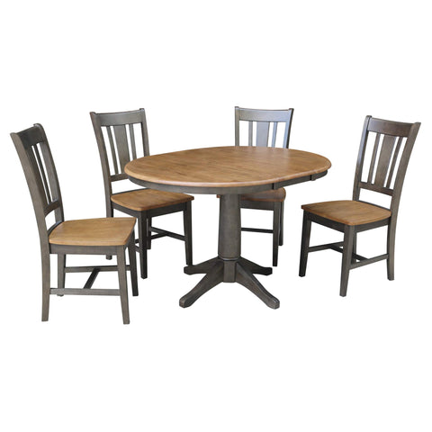 IC INTERNATIONAL CONCEPTS 36" Round Wood Extension Dining Table with 4 Chairs in Hickory/Washed Coal