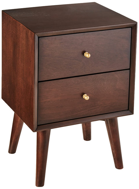 Alpine Furniture Flynn Mid Century Modern Mahogany Fully Assembled Bedroom Side Nightstand with 2 Bedside Storage Drawers, Walnut