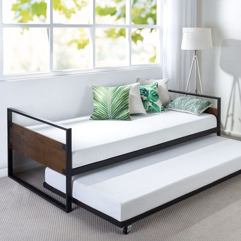 Fast Furnishings Twin Size Metal Wood Daybed Frame with Roll Out Trundle Bed
