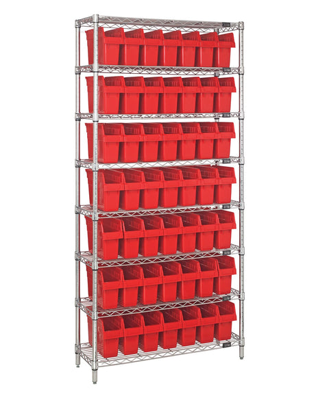 Quantum Storage Systems WR8-801RD Wire Heavy Duty 8 Shelves 49 STORE-MAX Red Bins 74" H x 36" W x 12" D