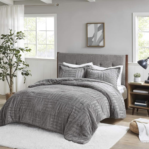 Oakestry Arctic Long Faux Fur Down Alternative Comforter Checkboard Designed Ultra Soft and Comfortable Mini Bedding Set Cozy and Warmth, Full/Queen, Grey