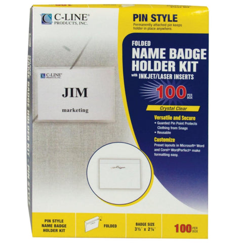 C-Line Pin Style Name Badge Holders with Inserts, 3.5 x 2.25 Inches, 100 per Box (94223)