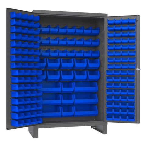 Durham JC-171-5295 Lockable Cabinet with 171 Blue Hook-On Bins, Flush Door Style, 48" Wide, 14 Gauge, Gray