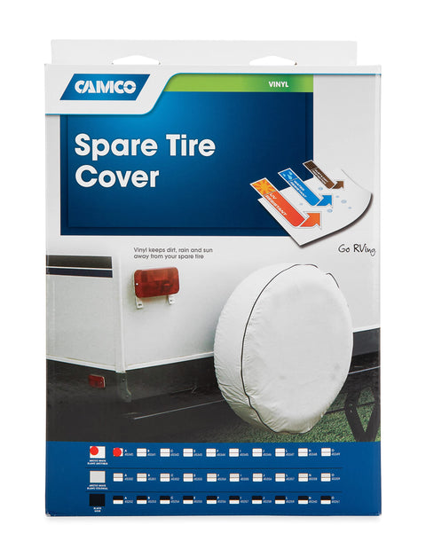 Camco Camper/RV Spare Tire Cover | Features Arctic White Vinyl & Heavy Duty Nylon Thread for Weatherproof Seams | Fits 34-Inch Diameter Tires & Measures 34.5-Inches in Diameter (45340)